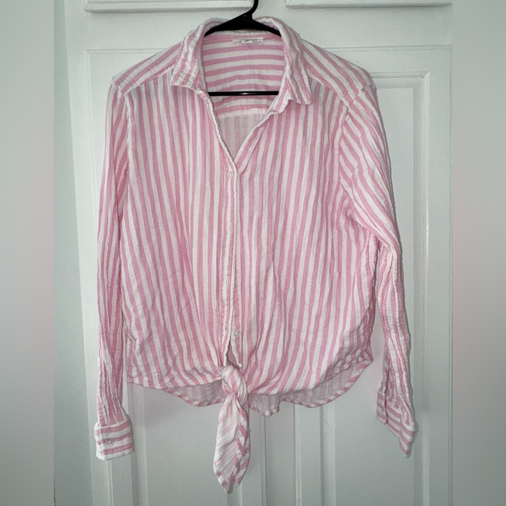 Beach Lunch Lounge Pink & White Striped Tie-Front Button Down Shirt Size LG